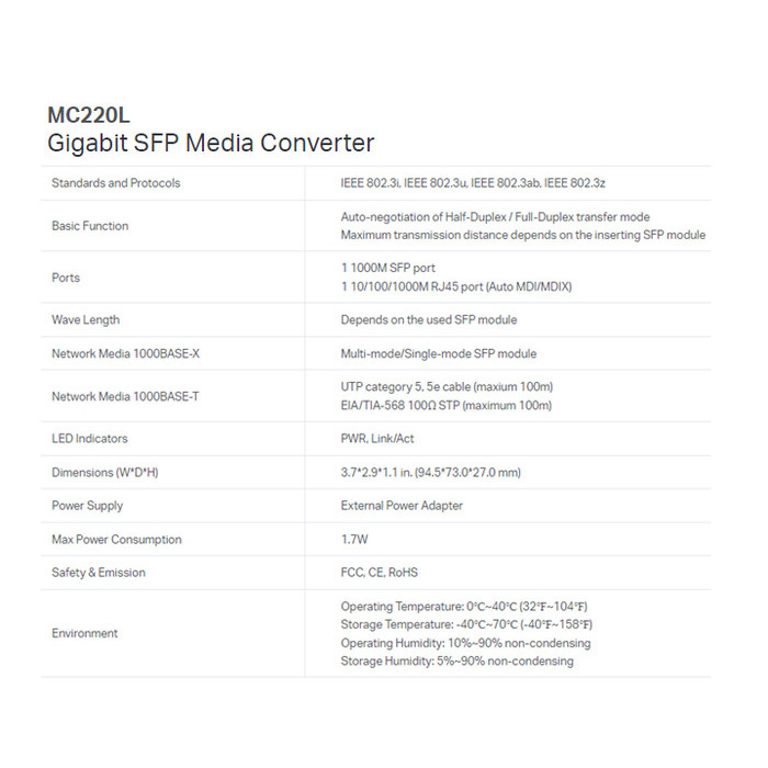 Produk Unggulan Tp-Link Media Converter Gigabit Sfp Tl-Mc220L