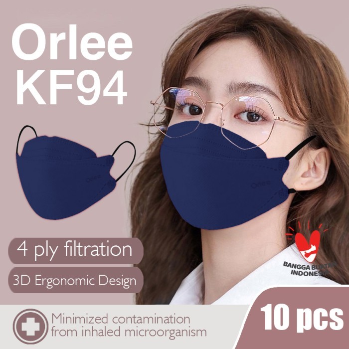 Masker KF94 KF 94 Orlee 4ply earloop Navy Biru Tua Embos isi 10