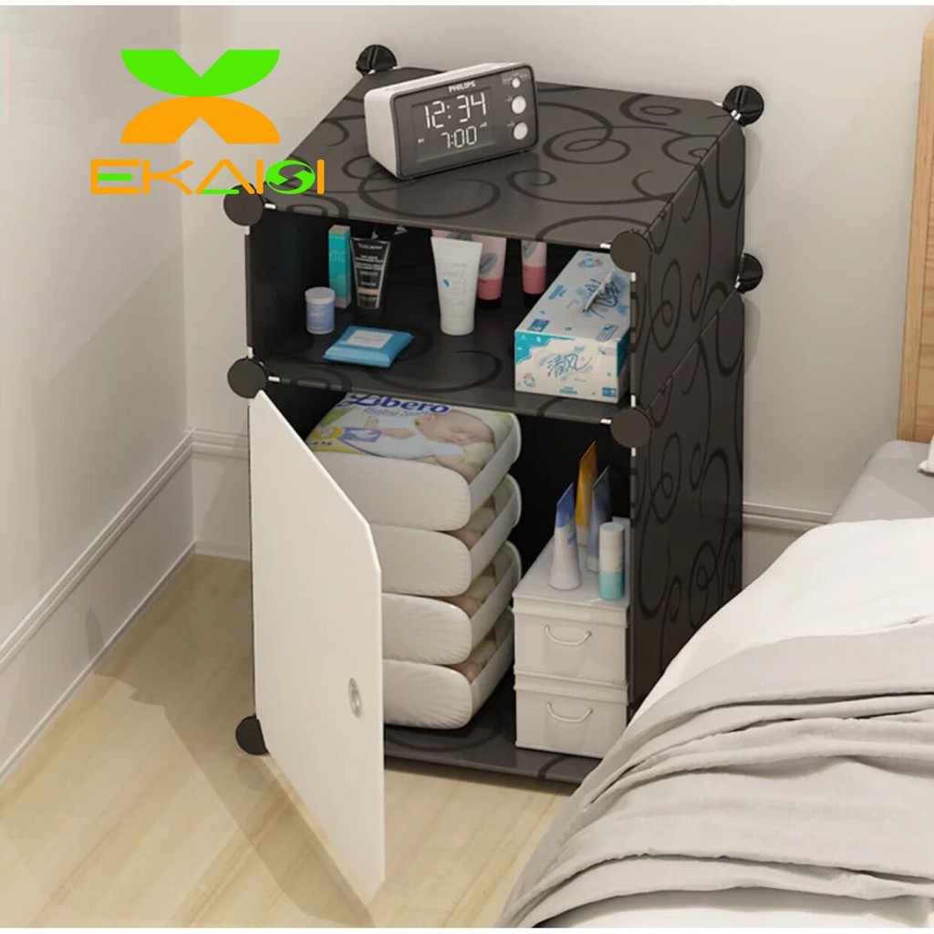 Diskon Spesial  Ekaisi Lemari Plastik Bedside Table Anti Air Rak Buku Susun 3 Pintu/Kotak Doraemon