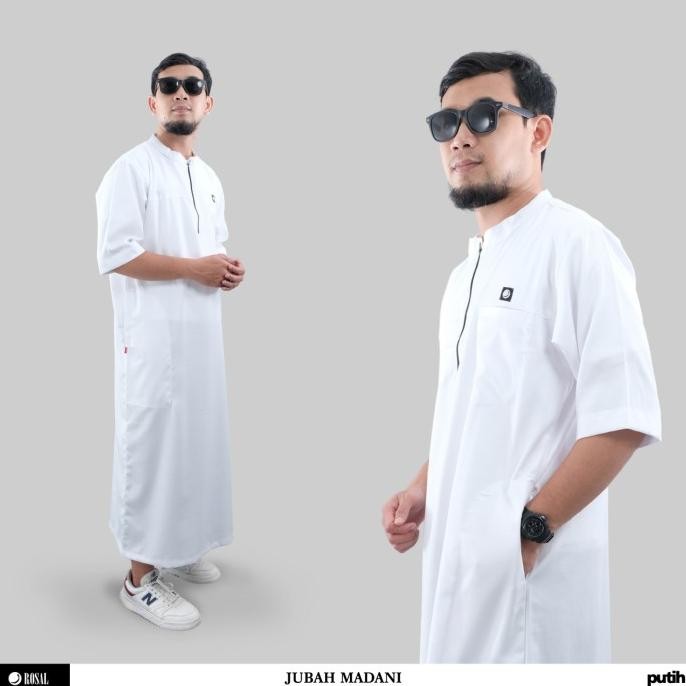 Jubah Madani ROSAL Putih Jubah gamis pria al haramain lengan pendek 3/4 kerah koko bahan Madinah Ter