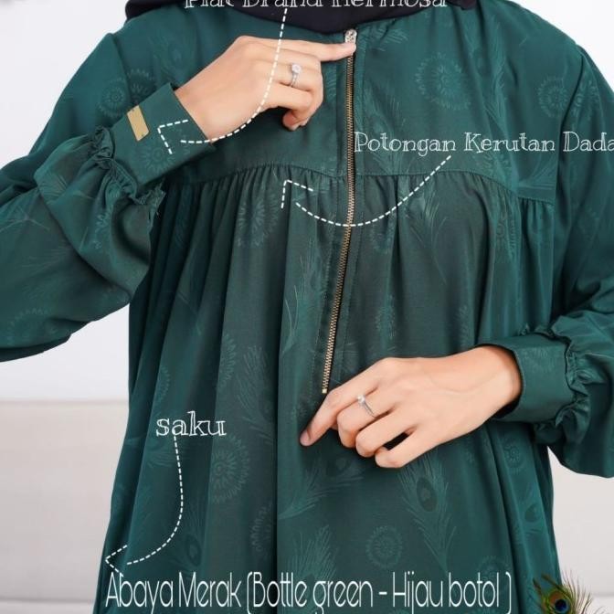 GAMIS SYAR'I HERMOSA MOTIF ABAYA MERAK WARNA HIJAU BOTOL ABAYA LEBARAN 2025 MODEL TERBARU CASUAL LIN