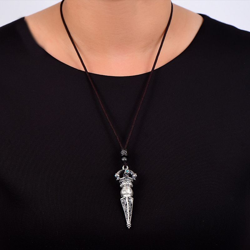 Perak Sterling999Liontin Mantra Vajra Enam Kata Perak Murni Menundukkan Setan Vajra Kalung Retro Pri