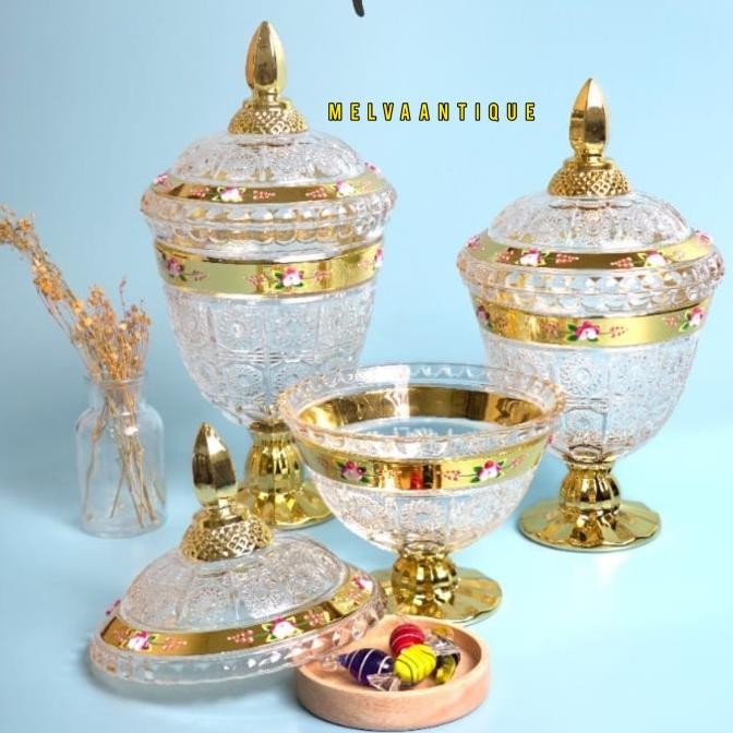 Toples Kristal Gold 1 set isi 3 pcs / Toples kue kering / Toples Kaca MS