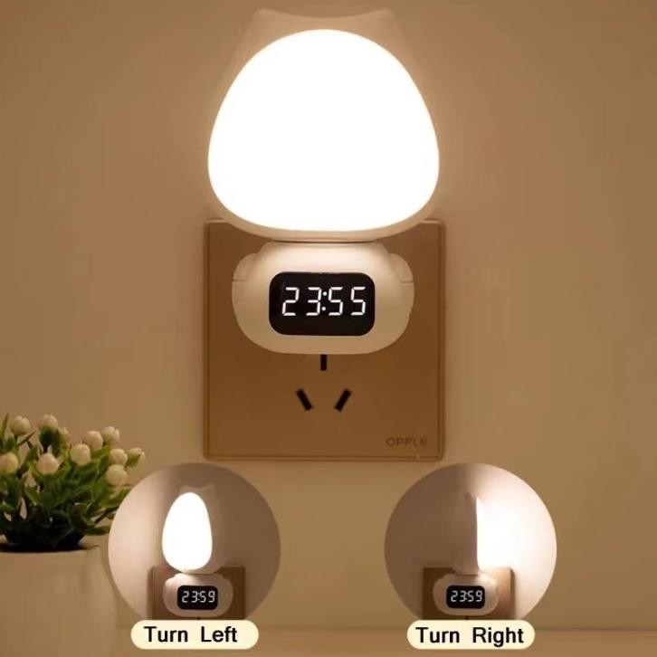 Lampu Tidur Model Kucing LED Wireless Lampu Tidur Jam Remote Digital Rechargeable