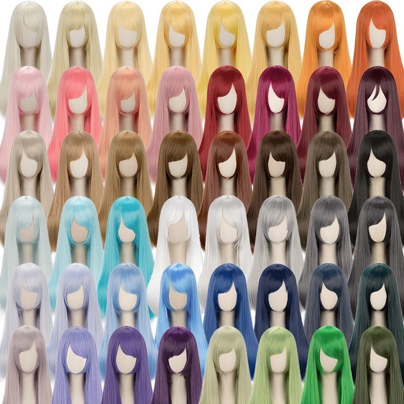 [Stok Tersedia] Rambut Lurus Panjang Umum 60Cm Hitam Putih Abu-abu Merah Muda Merah Kuning Biru Hija