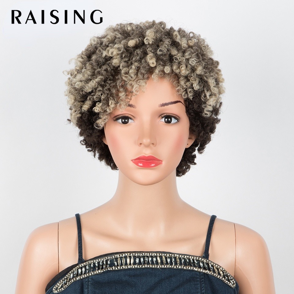 Wig Keriting Keriting Afro Sintetis MENINGKATKAN Wig Gimbal Pendek 10 Inci dengan Poni Wig Rajut Pir