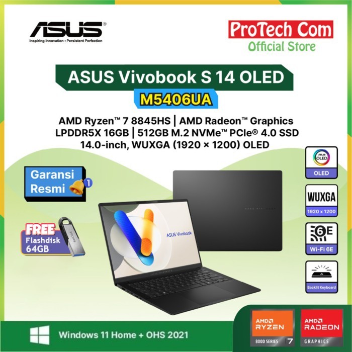 Asus Vivobook S 14 Oled M5406Ua Ryzen 7-8845Hs 16Gb 512Gb 14" Wuxga W11 Ohs