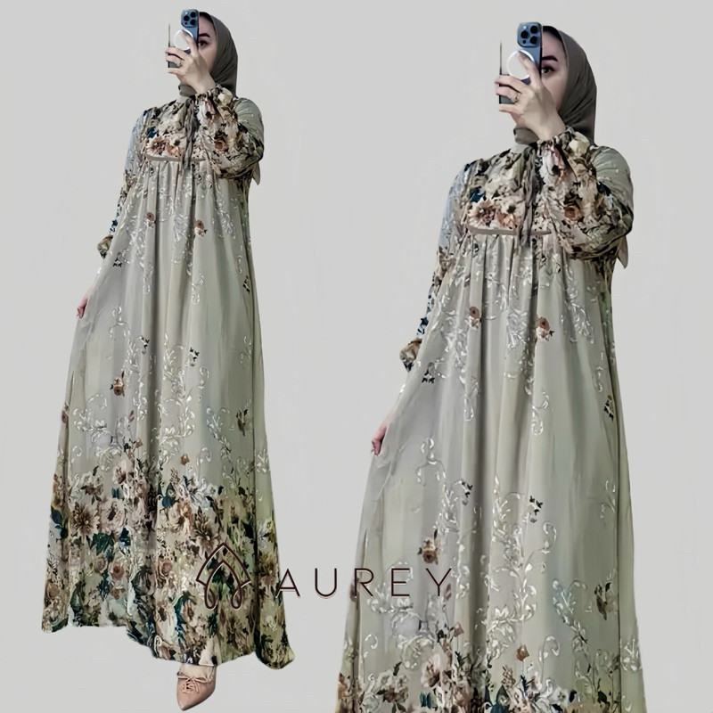 Aurey - Set Hijab Nafisa Gamis Ceruty Hyget Motif Terbaru Free Hijab / Setelan Hijab Gamis Wanita