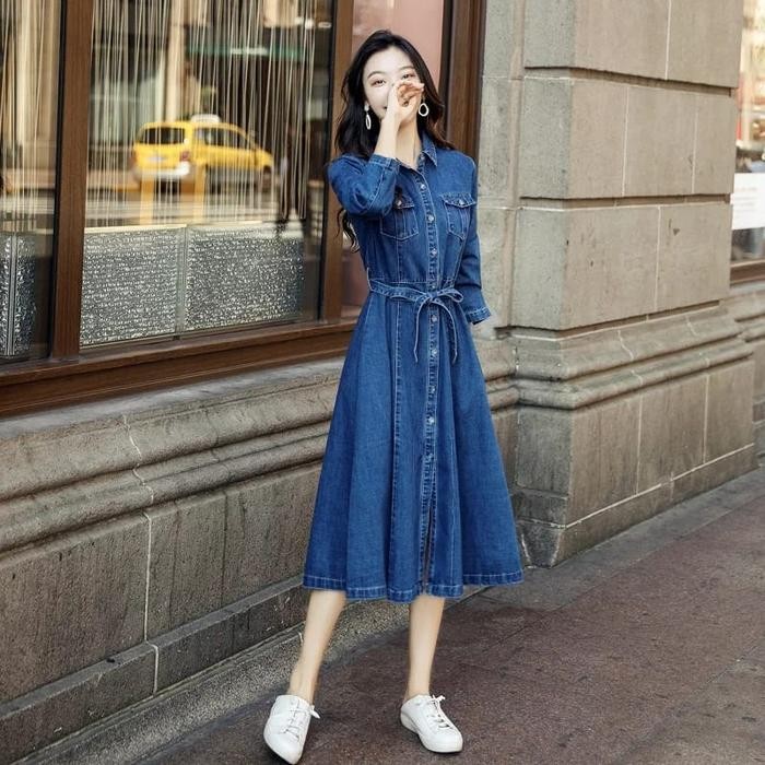 Terbaru Fast.Id99 Long Tunik Jeans Wanita Dengan Belt Pinggang Casual Dark Dress Panjang Maxi