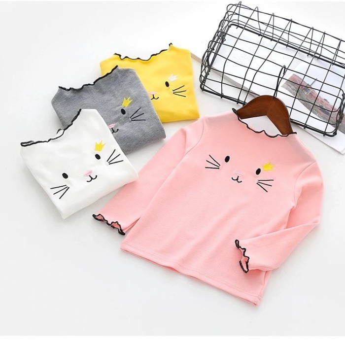 Kaos T-Shirt Lengan Panjang Anak Perempuan Pink Abu Abu Kuning & Putih