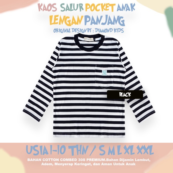 KAOS ANAK TANGAN PANJANG SALUR BELANG STRIPE LAKILAKI PEREMPUAN HITAM