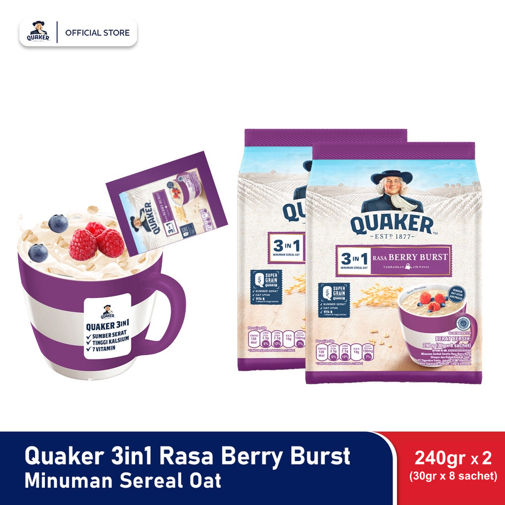 

Quaker 3in1 Berry Burst Polybag 240g Minuman Sereal Oats (Isi 8 sachet) x2