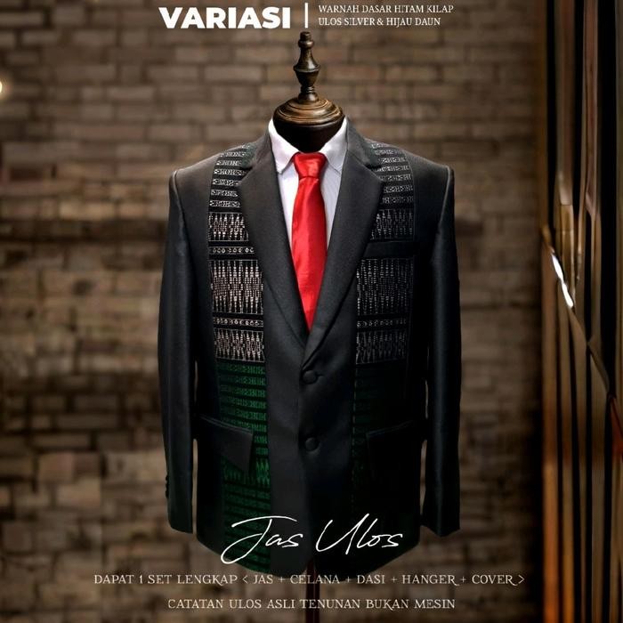 JAS ULOS BATAK PRIA SETELAN LENGKAP DASAR HITAM KILAP CORAK SILVER & HIJAU