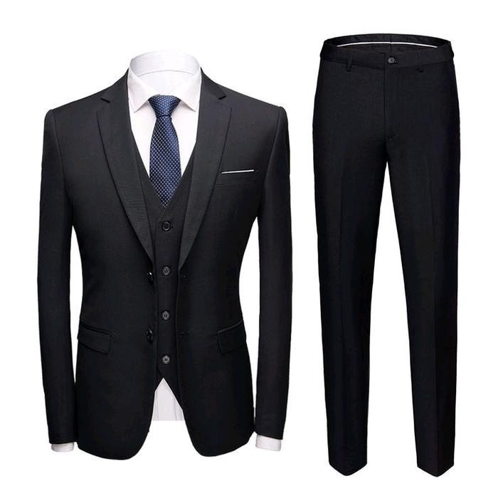 ADIBARRA- 3in1 Jas Rompi Celana Satu Set Setelan Jas Blazer Pria Formal Kerja Kantor Dewasa Hitam