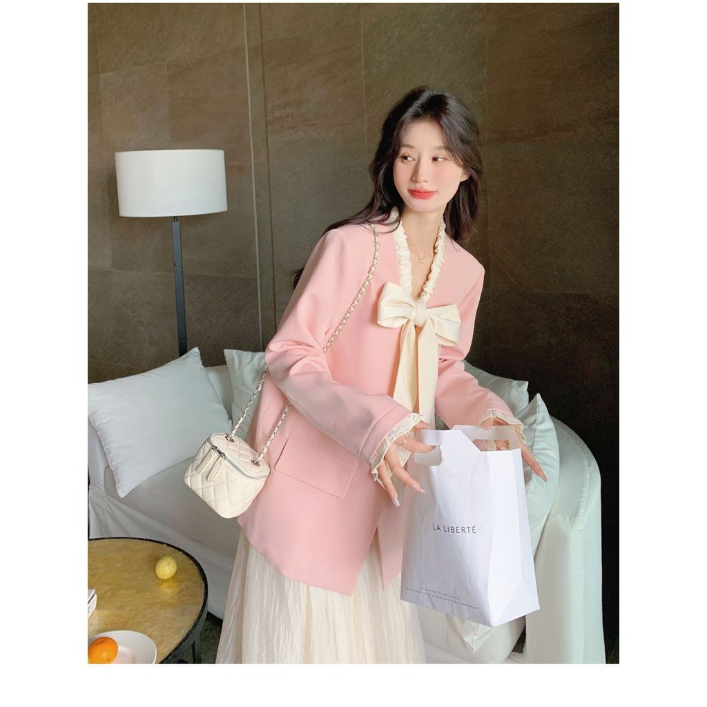 [Cream Winnie]Jaket jas pita merah muda untuk wanita desain gaya Korea temperamen kasual modis jas g