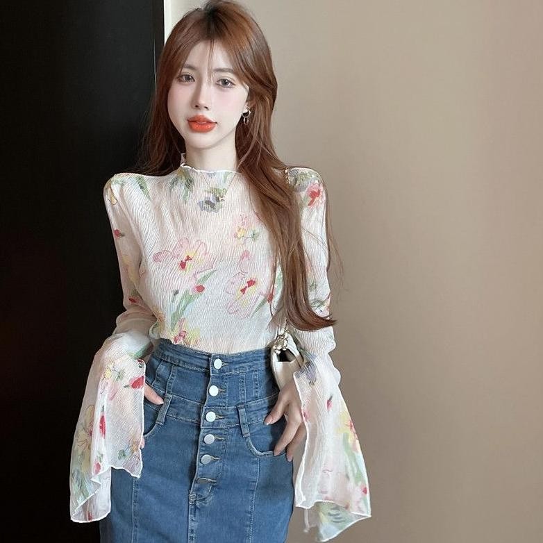 [ Cod ] Aroana Blus Wanita Retro Bunga Lipit Lengan Terompet Lengan Panjang Seksi Top Pendek Wanita 