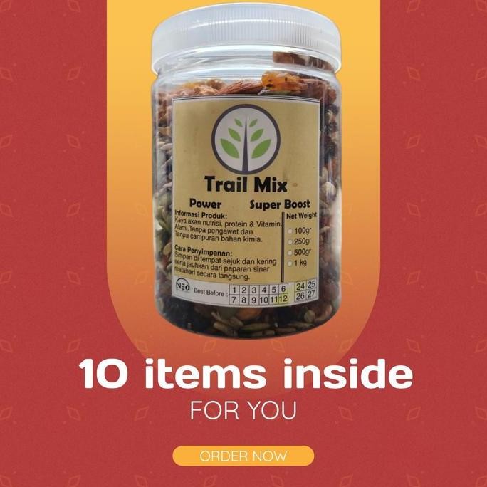 

Trail Mix Complete Neo 500gram(1/2kg) (almond,walnut,sunflower,pumkin,mente,chia eed,gojiberry,cranberry,dark raisin,golden raisin) almond hitam Mete Cashew Mete Cashew Berkualitas