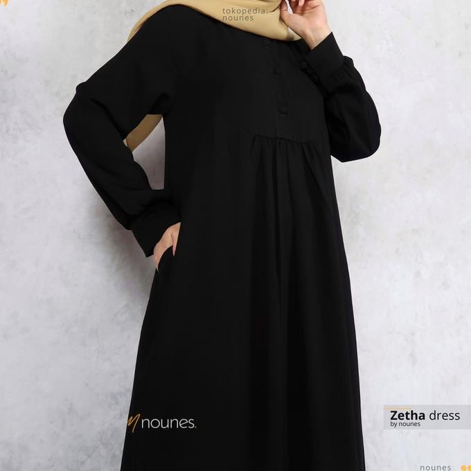 Nounes Zetha Dress Woolpeach Jetblack Gamis Polos Hitam Pekat Terbaru