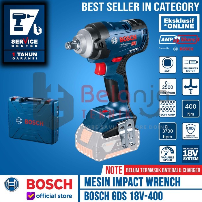 Bosch Impact Wrench Cordless GDS 18V-400 Pembuka Baut Baterai 18 V
