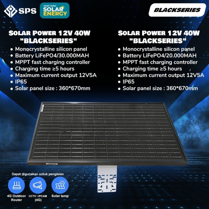 Solar panel Black 40WP Tenaga Matahari 12V 20AH/30AH Lithium Battery