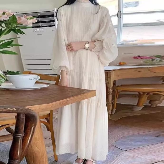 SU longdress korea bigsize fairy putih polos lengan balon gamis lebaran wanita mewah resepsi ld120 l