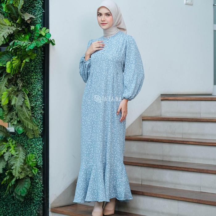 Tafana - Jisso Dress Muslim Korea Bahan Crinkle Gamis Motif Bunga Floral Vintage Busui Friendly
