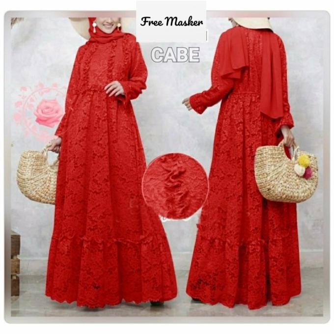 Gamis Mahika Merah Cabe L Xl Xxl 3Xl 4Xl Jumbo Dress Brukat Mah Gb Best Seller
