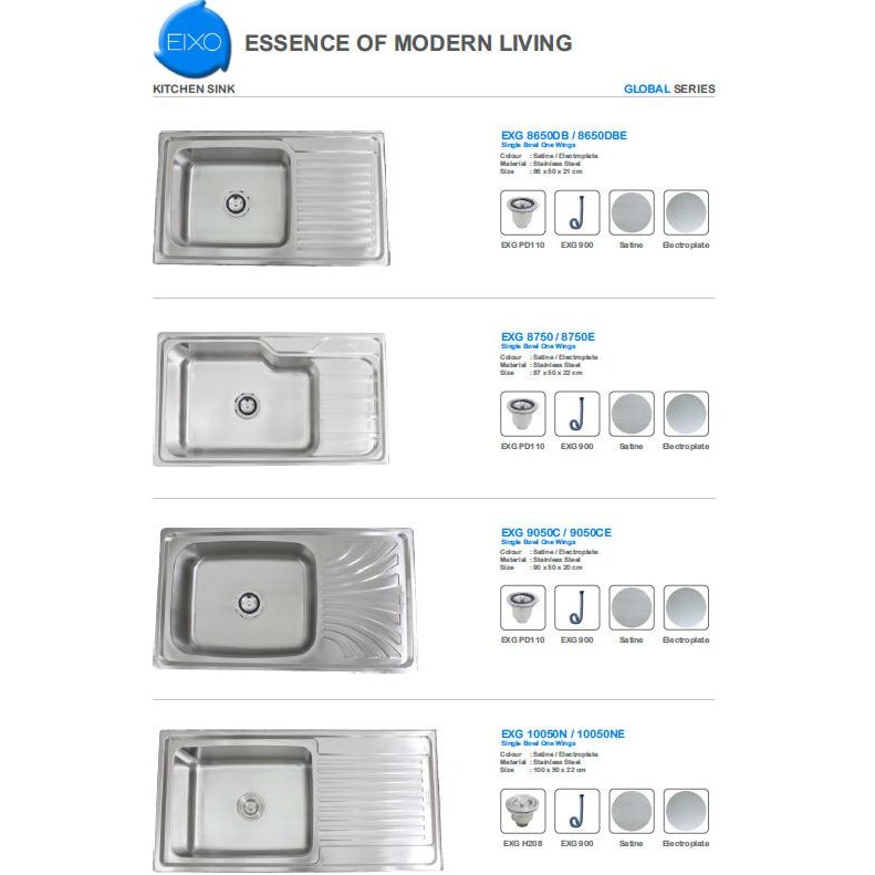 KITCHEN SINK BAK CUCI PIRING EIXO GLOBAL EXG 12050H BCP SET PANJANG HQ [terbaik]