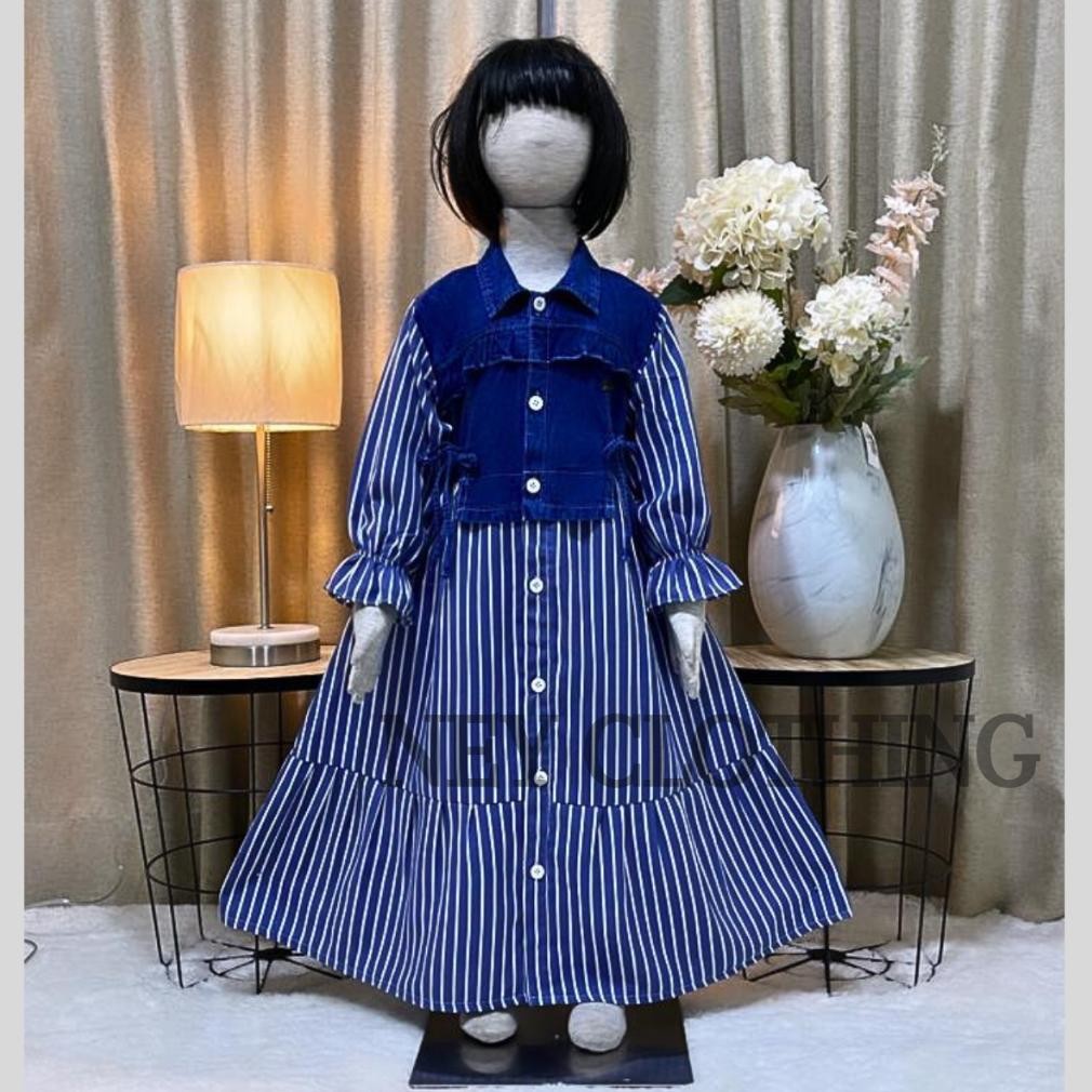 HK Gamis Import Anak Perempuan Terbaru 2024 Full Kancing Mix Rompi Jeans Motif Salur Dress Anak Kore