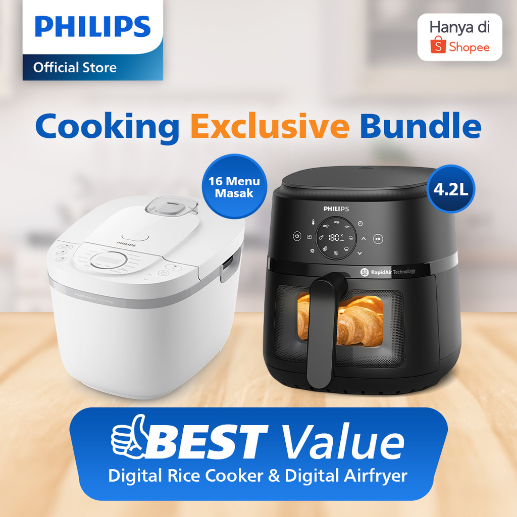 [Bundling] Philips Digital Rice Cooker 16 Menu HD4716/30 Putih + Philips Airfryer Low Watt 4.2 L NA2