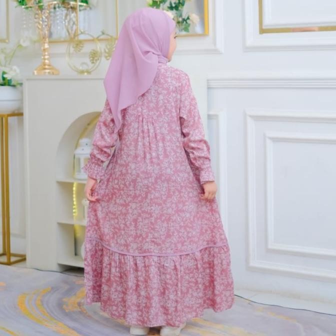 Gamis anak set Jilbab , pakaian muslim anak perempuan,kombinasi renda dada, bahan katun Rayon Kualit