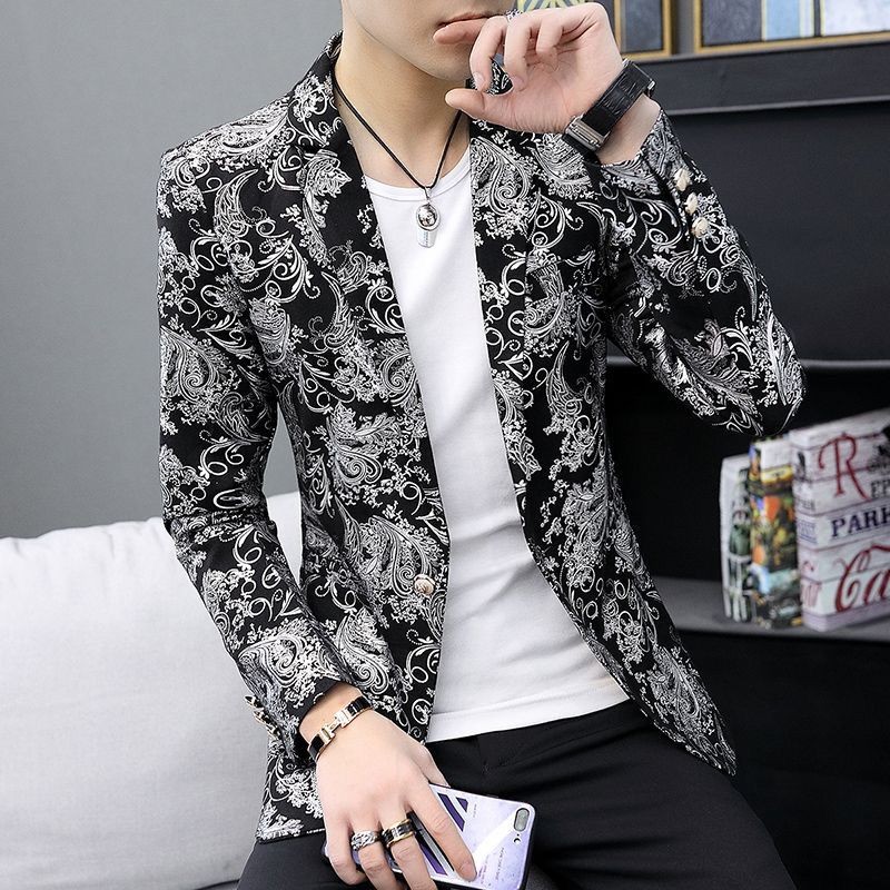 Jas Slim Fit Bermotif Bunga Pria dengan Stempel Emas, Blazer Kecil Fashion Trendy, Jaket Penata Ramb