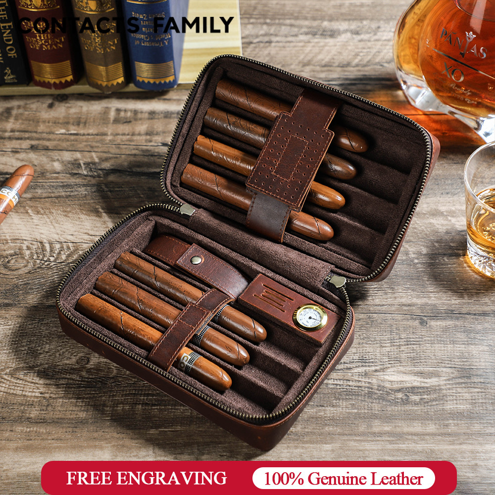 DAMO Genuine Leather Cigar Humidor Box for 7 Cigar Lighter Scissors Set Cigar Humidifier Case Portab