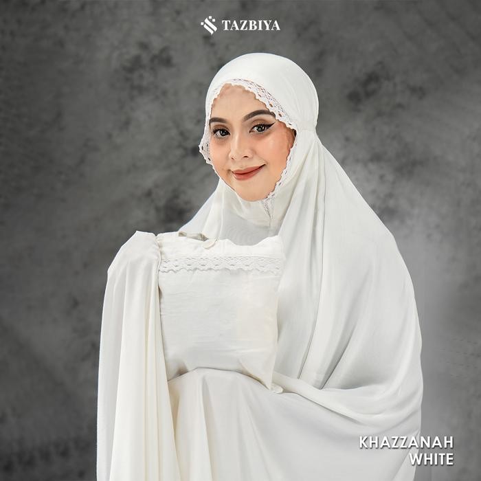 Tazbiya Khazzanah Mukena Rayon Satin Putih Renda Umroh Lebaran Haji Mukena Mewah Simple Putih