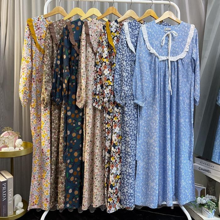 Faradina Exclusive Raisa Dress Gamis Motif Premium Aksen Rempel List Button Kancing Bungkus Busui