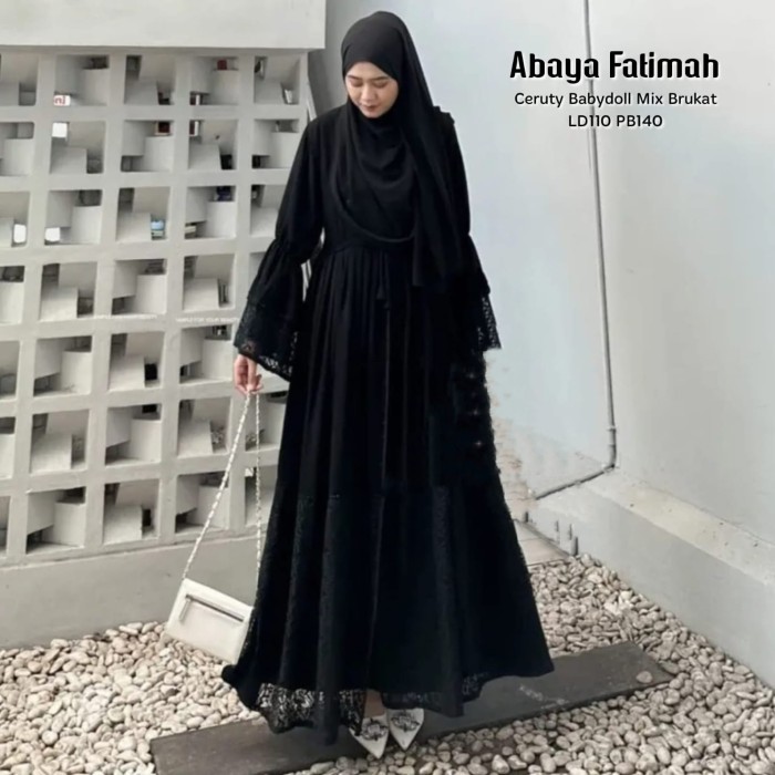 Baju Gamis Wanita Muslim Abaya Fatimah Dress Hitam Black Ceruti Polos Brokat Cantik Fashion