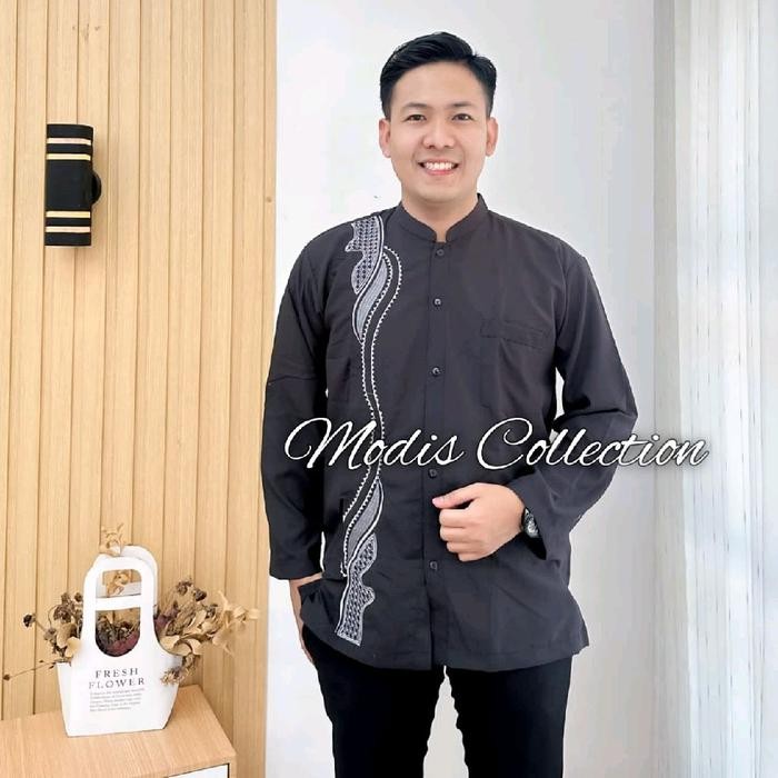 Baju Koko Kurta Bordir Pakaian Muslim Pria Dewasa Lengan Panjang Model Hem Kemeja Kerah Leher Tinggi