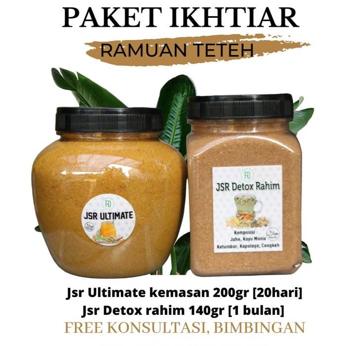 

terbaru !!! paket ikhtiar ramuan teteh jsr ultimate 200gr + jsr detox rahim 140gr free sendok takar
