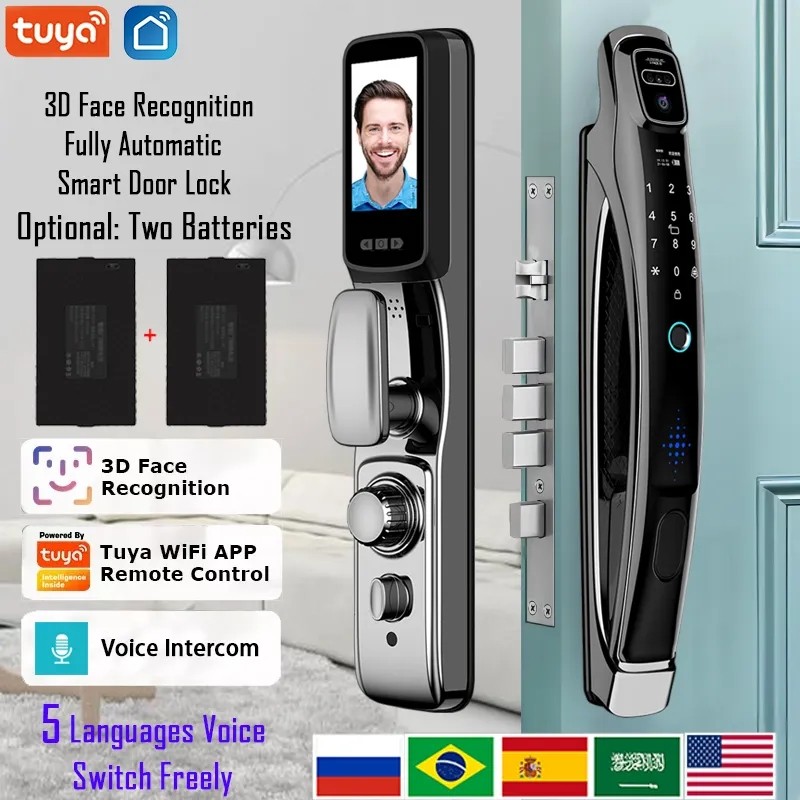 DD Tuya App 3D kunci pintu pintar, pengenalan wajah kunci pintu Digital interkom suara kamera panggi