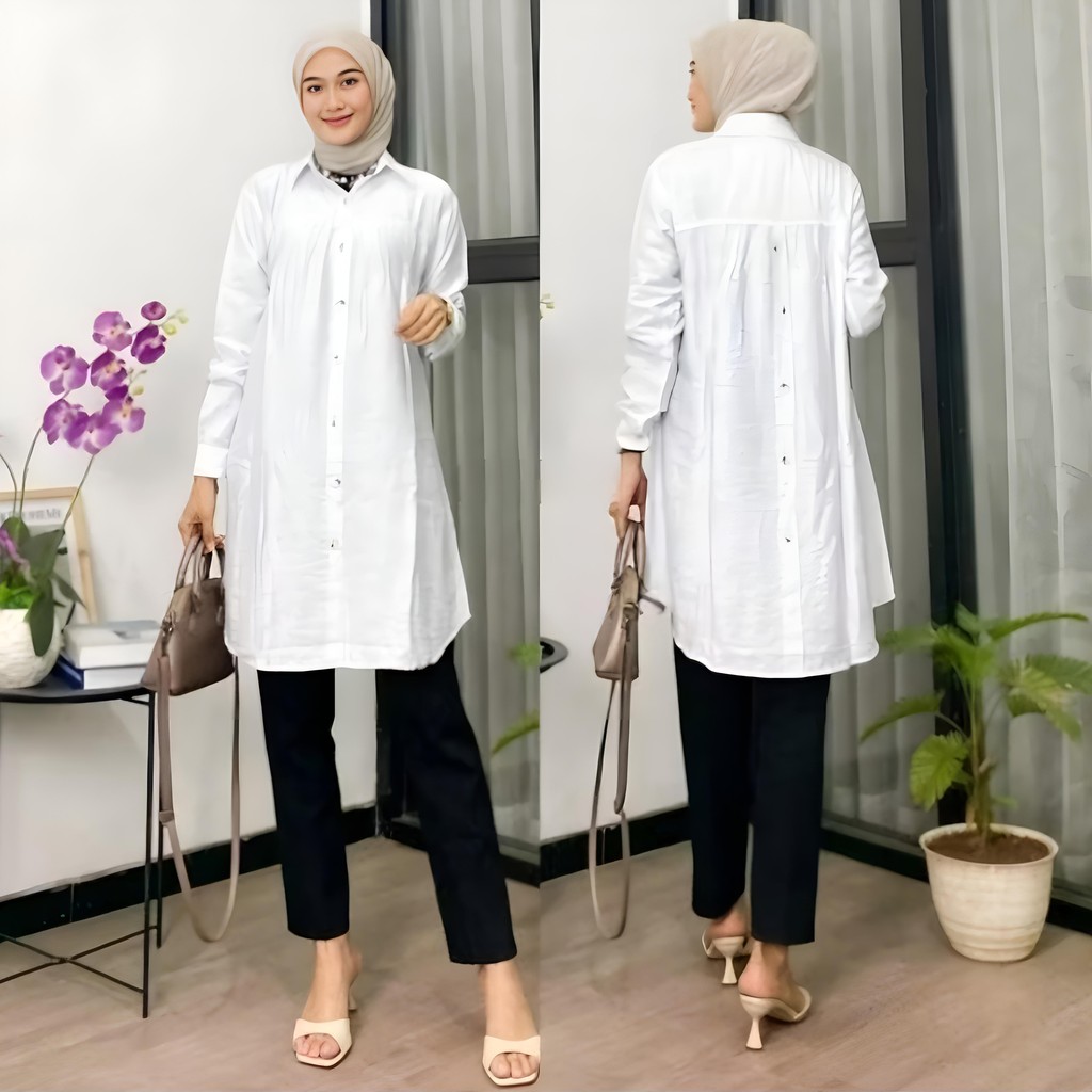 23978TUNIK POLOS WANITA PUTIH PAKAIAN ATASAN CEWEK LENGAN PANJANG MURAH MODIS TRENDY KEKINIAN TERBAR