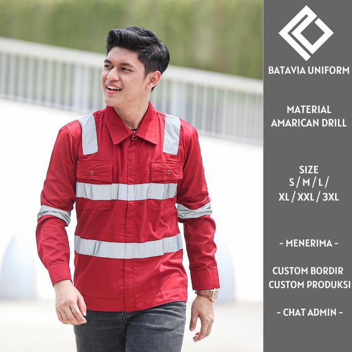 Terlaris Baju Kemeja Wearpack Kerja Proyek Safety Panjang Pria Maroon Resleting SALE