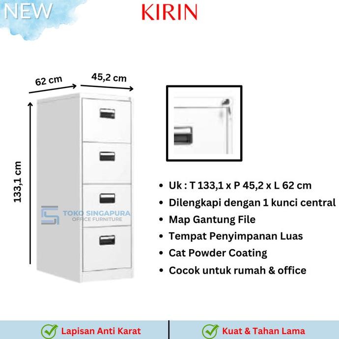 

FILLING CABINET 4 LACI KIRIN KB-4L ; UNTUK MAP GANTUNG, ARSIP RAPIH ; WARNA PUTIH STOK TERBATAS