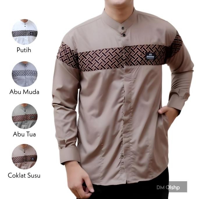 Kemeja Koko Pria Dewasa Panjang Motif Kobata Qynang Coklat Susu