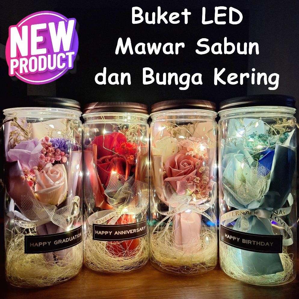 VIRAL BUKET LED MENYALA BUNGA MAWAR SABUN + BUNGA KERING  buket valentine,anniversary,ultah He13