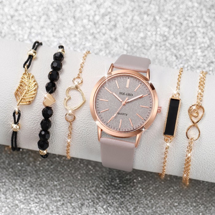BERKUALITAS 5PCS Jam Tangan Kuarsa Wanita Modis Mengkilap Dial Besar PU Tali Kulit Jam Tangan Set