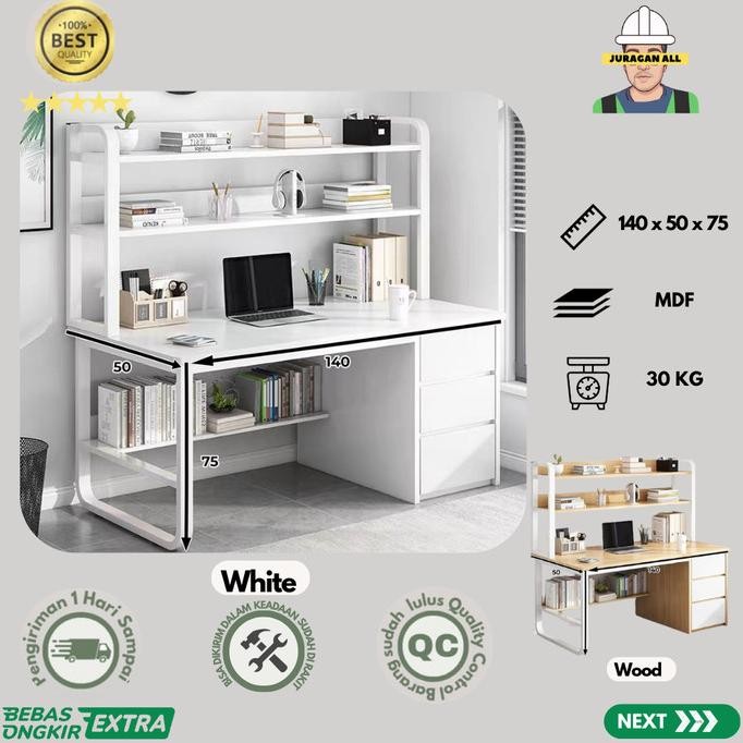 Meja Kerja Minimalis/Meja Kantor Laci/Meja Belajar/Meja Komputer 140Cm + Rak Atas - Putih