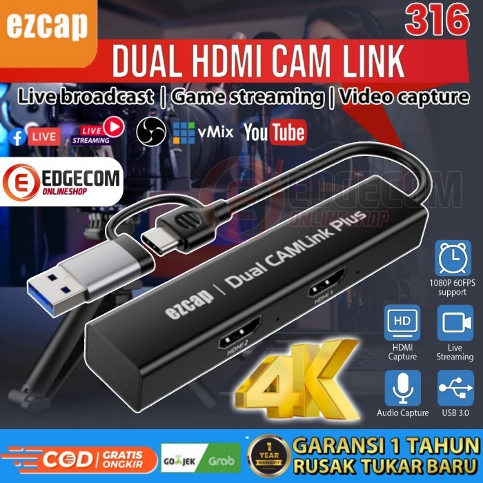 BEBAS ONGKIR - EZCAP 316 Type C to Dual HDMI Capture Cam Link streaming 2 input HDMI