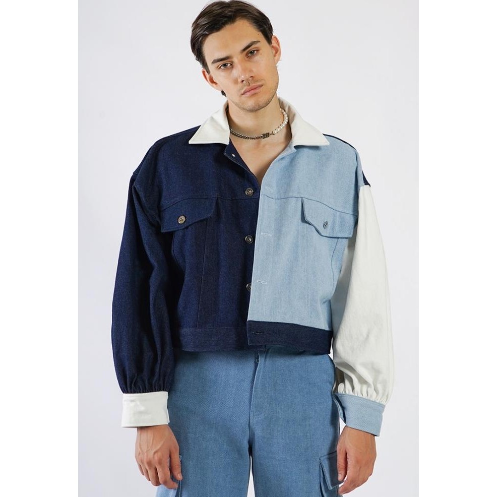 Grosir Ocwa Bubble Crop Denim Jacket Blue White