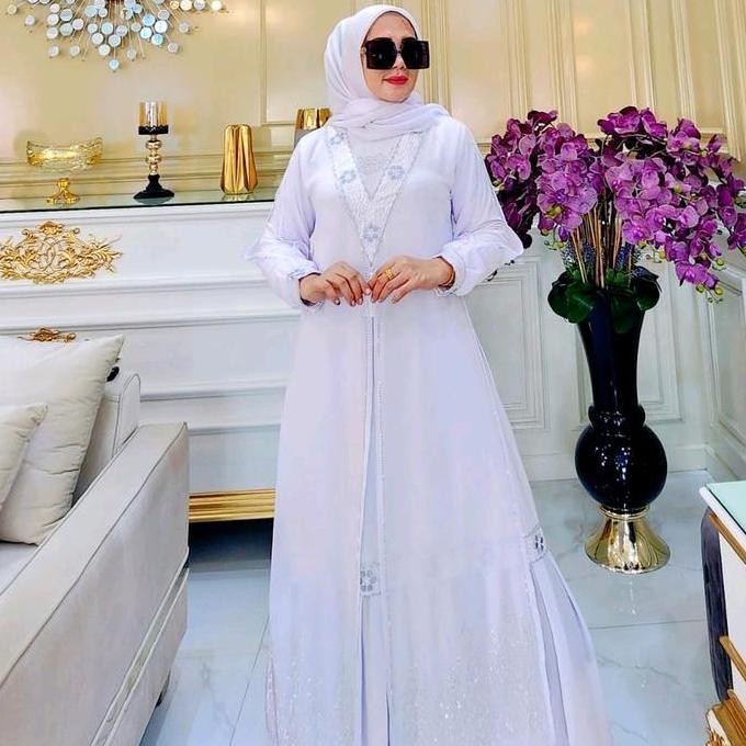 Gamis Abaya Turkey Bordir Rempel Putih Kombinasi Lembut Muslim White Terbaru