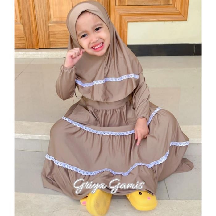 Gamis 2025 Model Baru Set Kerudung Kombinasi Renda Baju Lebaran Muslim Anak Perempuan Usia 4-5Tahun